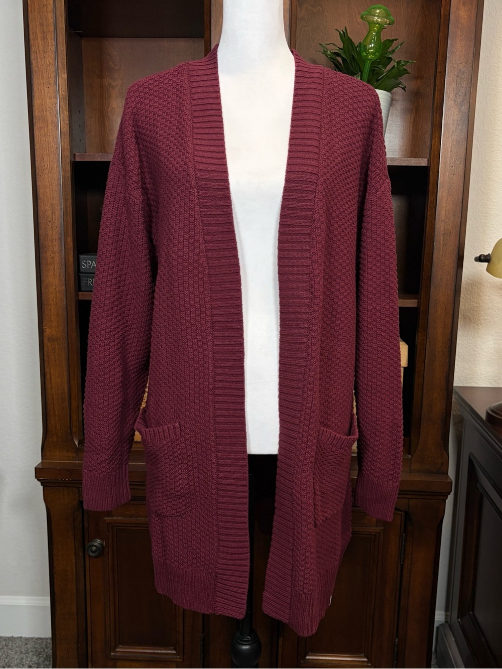 Gap Open Front Cardigan Sweater Small Burgundy Waffle Knit Long Sleeve Pockets - Picture 2 of 13